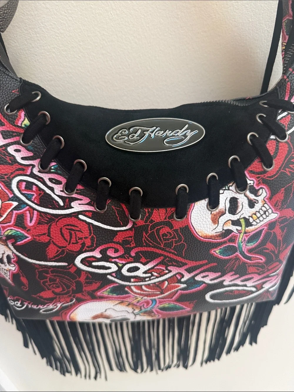 NWT Ed Hardy Skull & Rose Fringe Hobo